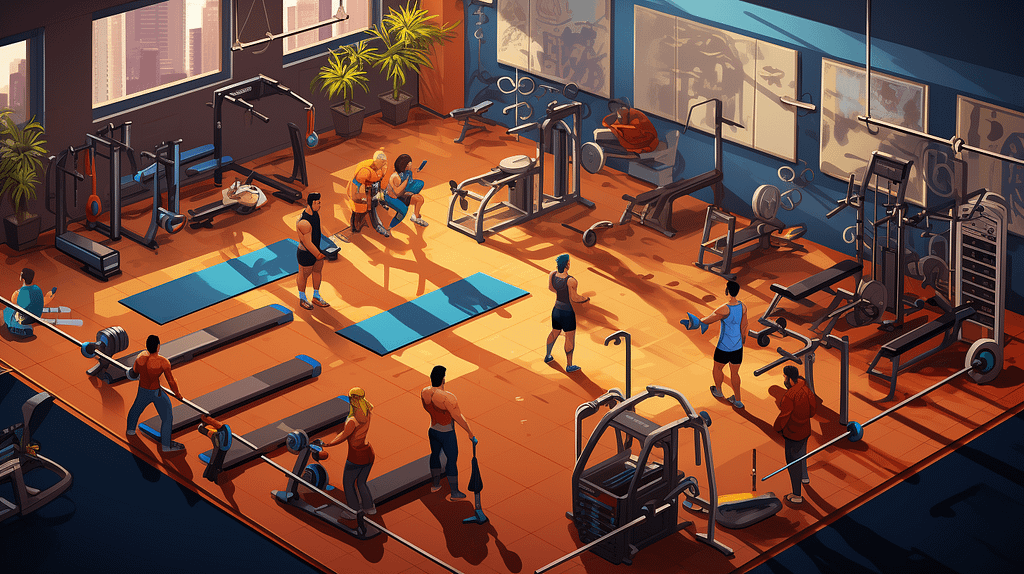 image showcasing a gym floor with a personal trainer passionately motivating and guiding a client through a challenging exercise routine, while other gym-goers observe with curiosity and determination