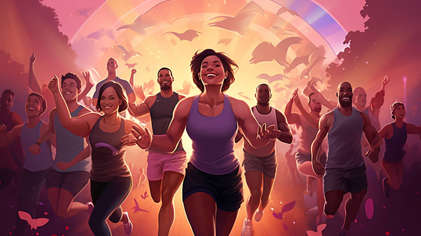 An image showcasing a diverse group of individuals engaging in various fitness activities, with a personal trainer guiding and motivating them once a week